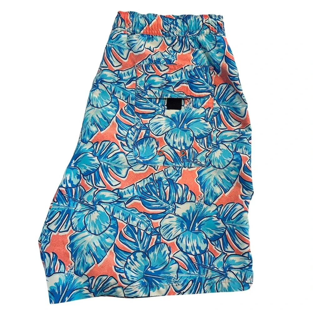 Vineyard Vines‎ Mens Tropical Hibiscus Swim Trunks Blue Coral Pink Medium